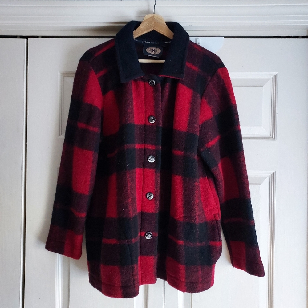 Vintage Red and Black Plaid Wool Blend Coat MADE IN USA